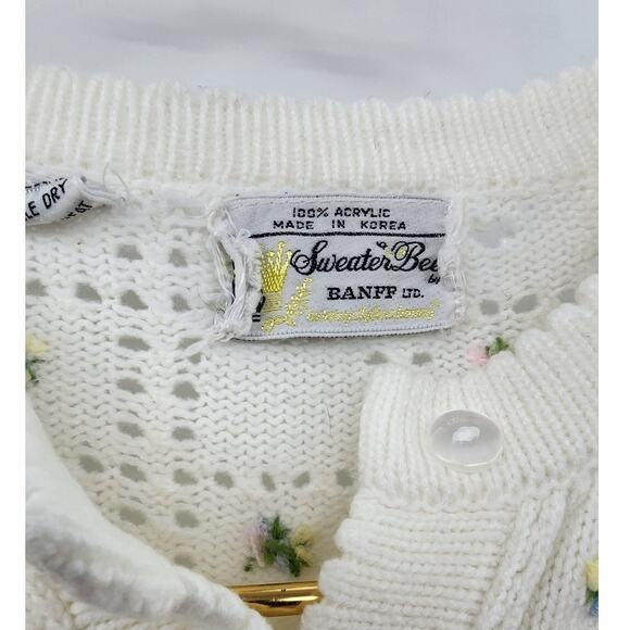 Vintage Dainty Elegant Open Knit White Floral Detail Cardigan Sweater Size Large - Picture 7 of 7